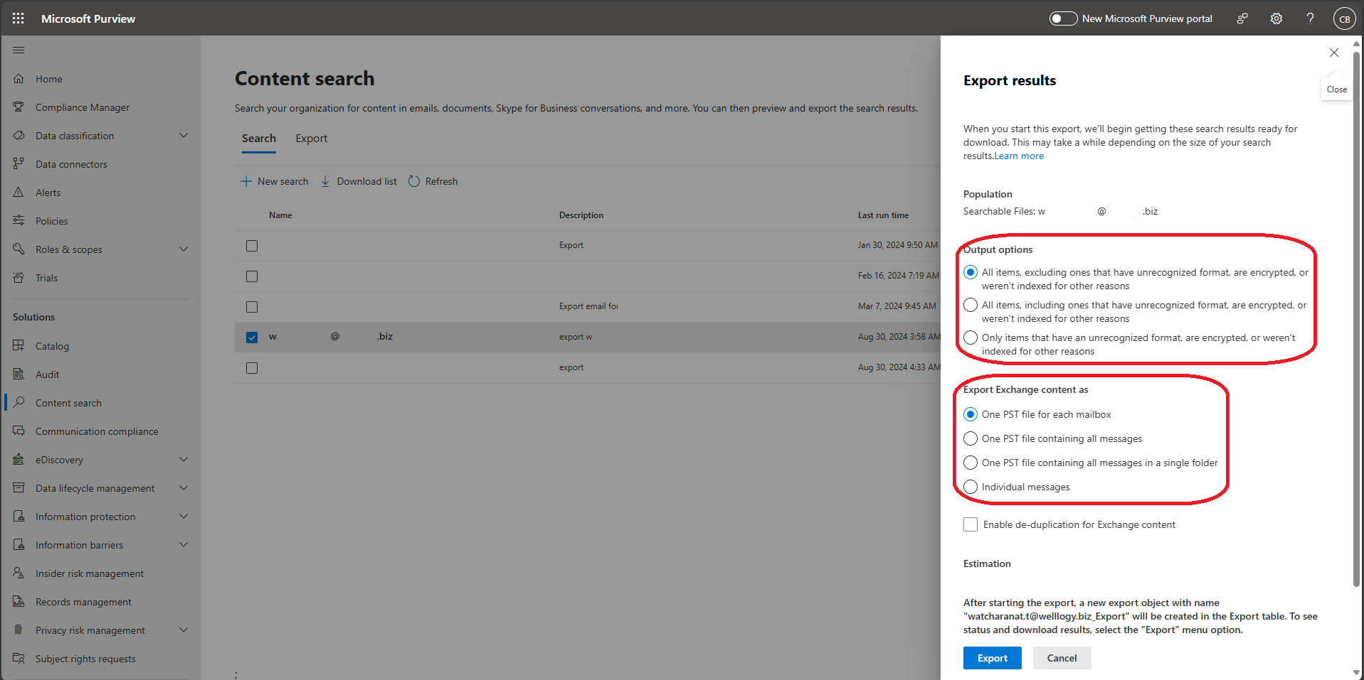 How to back up O365 e-mail to .pst file by Content Search