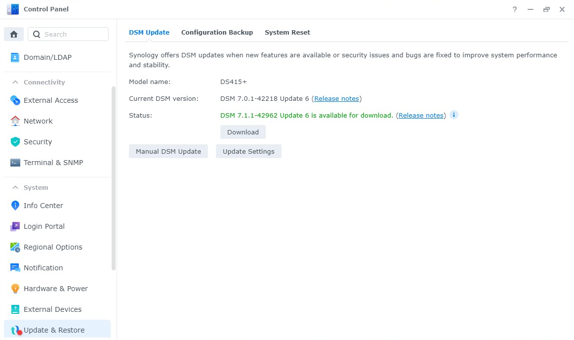 Upgrade DiskStation Manager (DSM) from 6.2.4 to 7.0.1 on Synology NAS DS415+