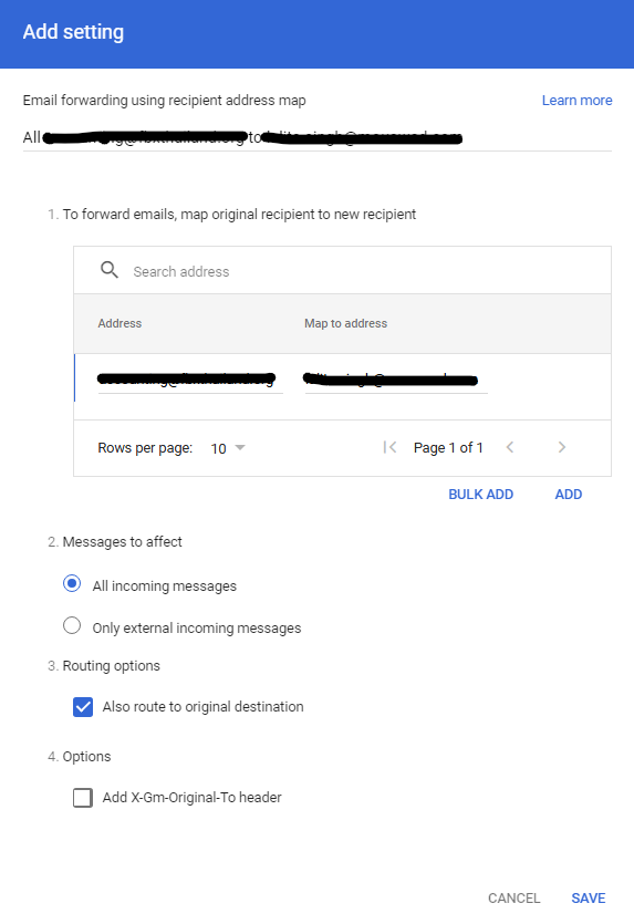 Forwarding E-mail in Google Admin Console by Routing