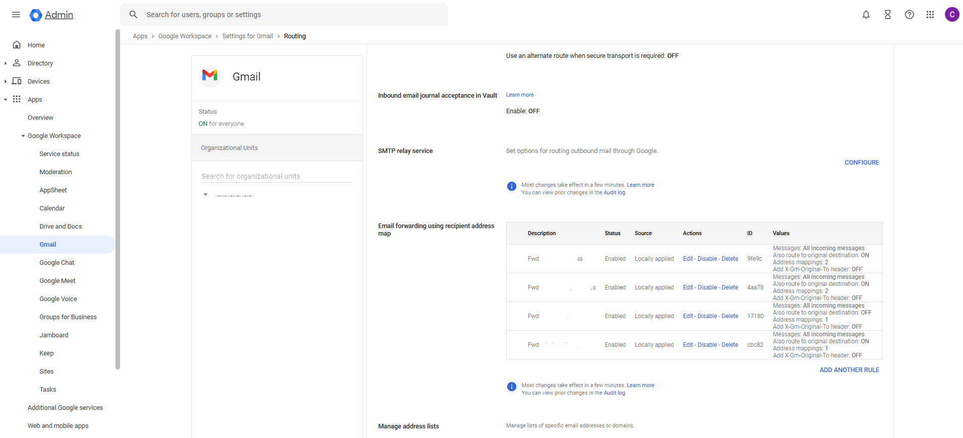 Forwarding E-mail in Google Admin Console by Routing