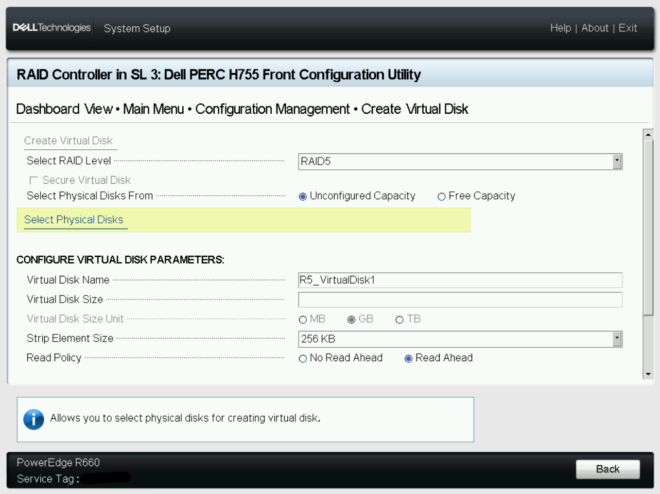 Creating a Virtual Disk and selecting RAID type on a Dell PowerEdge Server