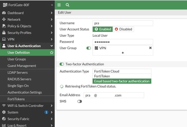 Fortigate: Enable 2FA email base