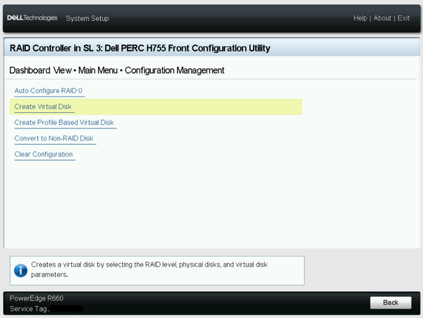 Creating a Virtual Disk and selecting RAID type on a Dell PowerEdge Server